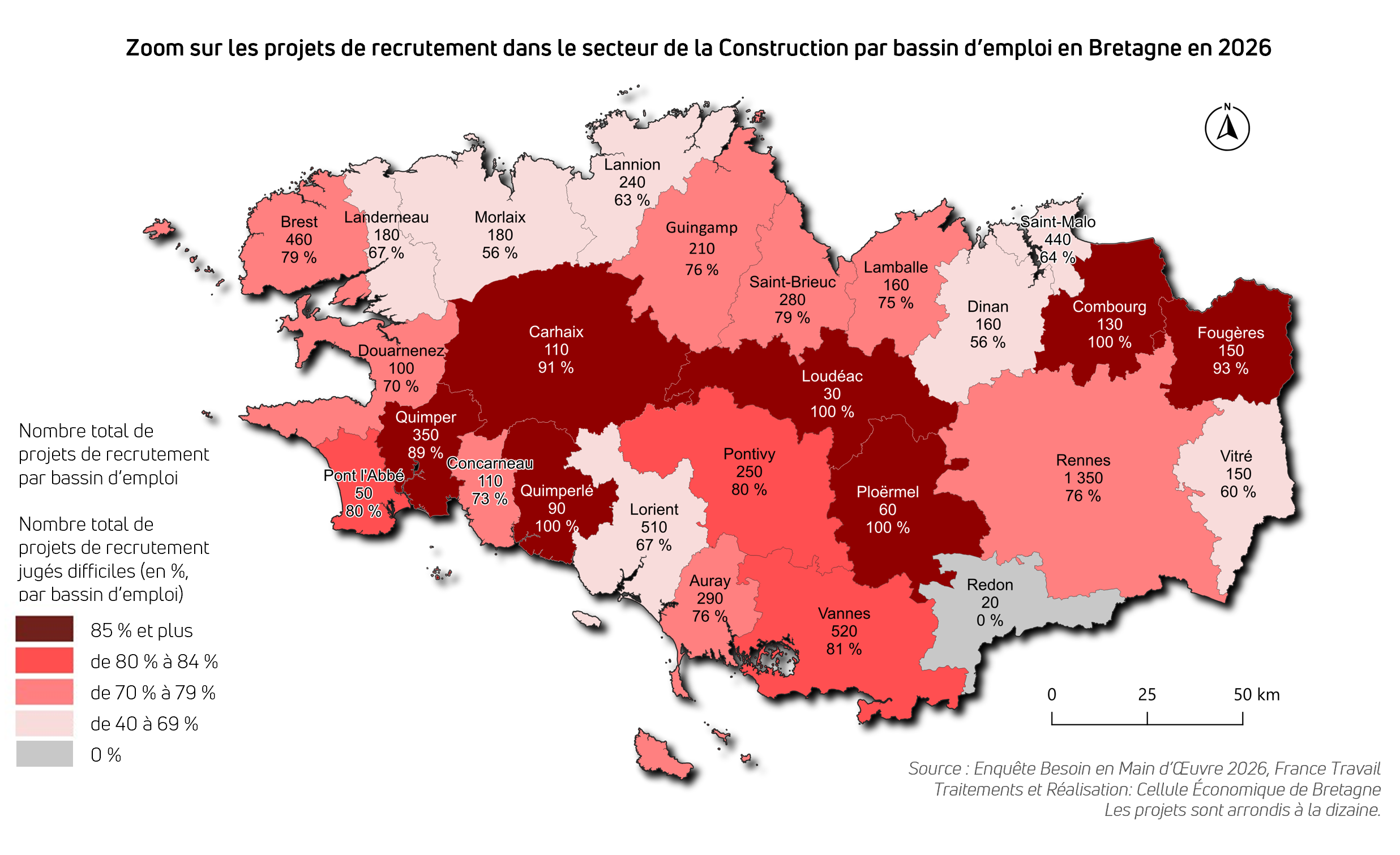 Carte des besoins en main-d'œuvre dans le secteur de la construction en Bretagne en 2026